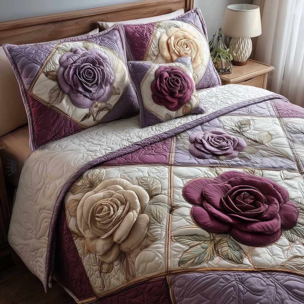 Rose Garden Cream quilted 3-piece bedding set on a made bed with two matching pillow shams