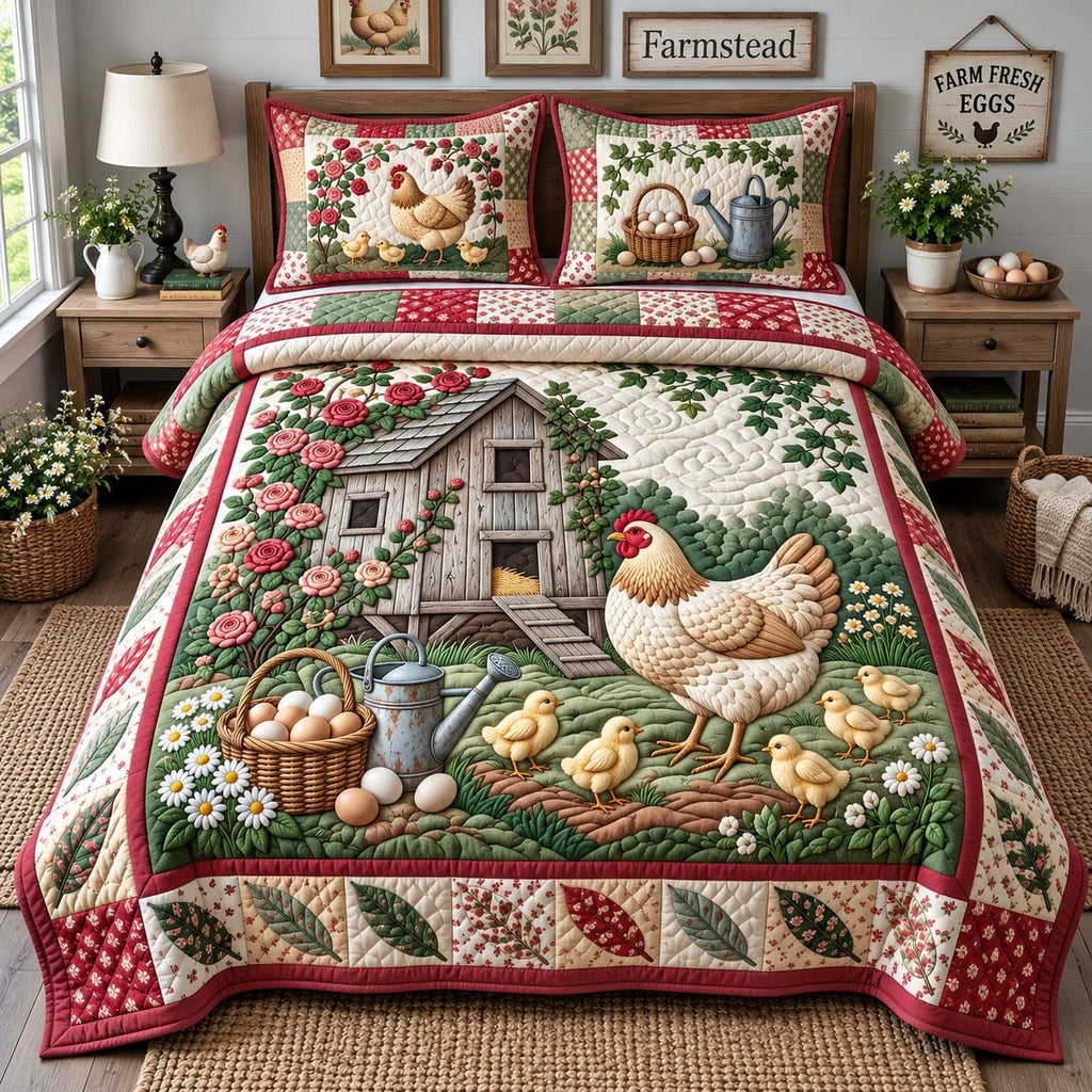 Rose Garden Hen quilted 3-piece bedding set on a made bed with two matching pillow shams