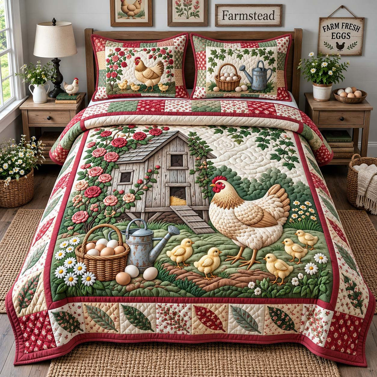 Rose Garden Hen quilted 3-piece bedding set on a made bed with two matching pillow shams