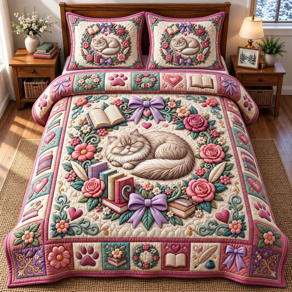 Rose Wreath Sleeping Cat quilted 3-piece bedding set on a made bed with two matching pillow shams