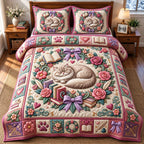 Rose Wreath Sleeping Cat quilted 3-piece bedding set on a made bed with two matching pillow shams