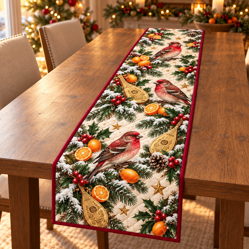 Rosefinch Kumquat Golden Lute printed Christmas quilted table runner; design mockup showing a flat printed depth effect.