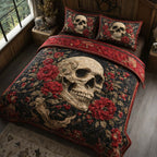 Rosethorn Skull quilted 3-piece bedding set on a made bed against a dark styled interior