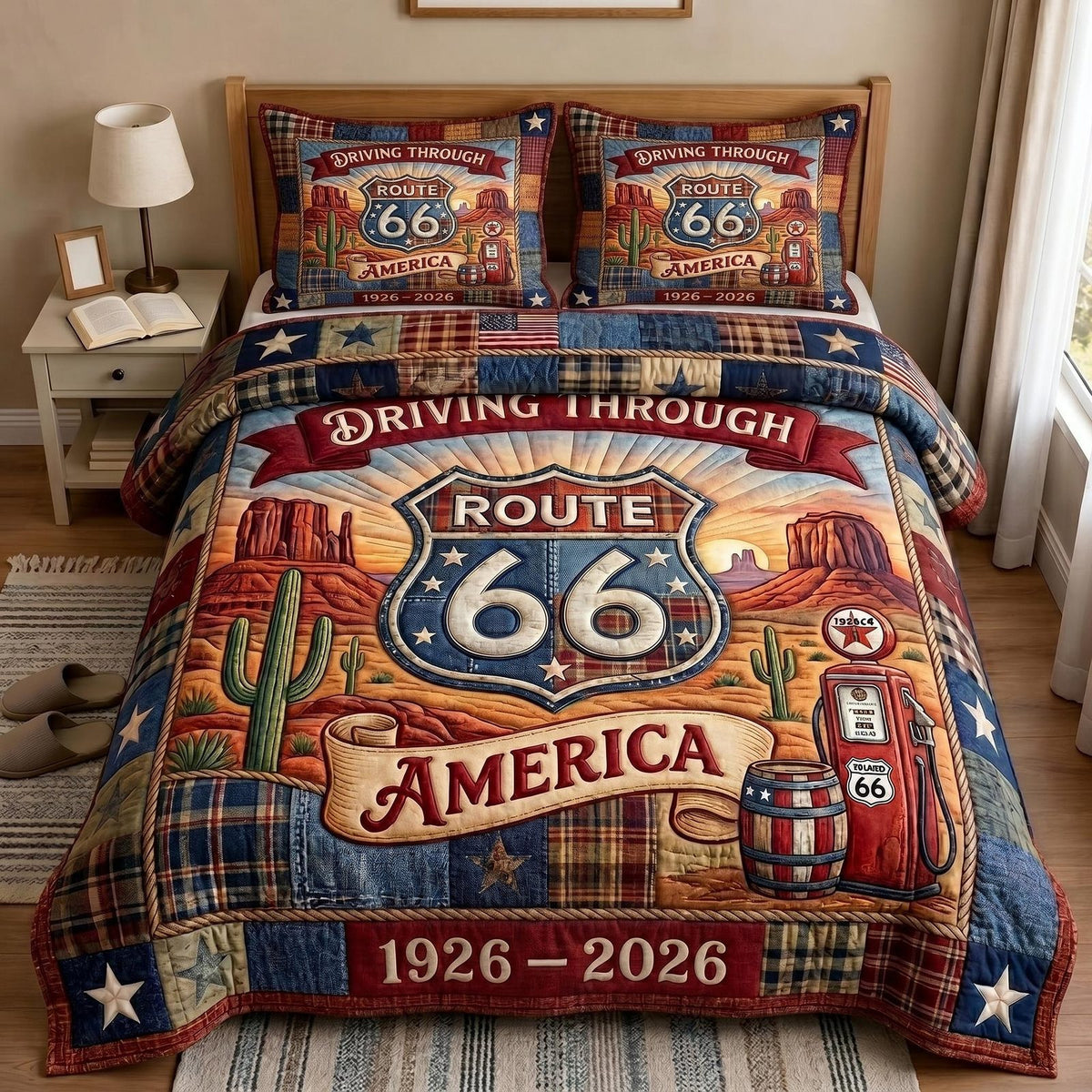 Route 66 Centennial Driving quilted 3-piece bedding set on a made bed with two matching pillow shams