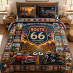 Route 66 Centennial Mother Road quilted 3-piece bedding set on a made bed with two matching pillow shams