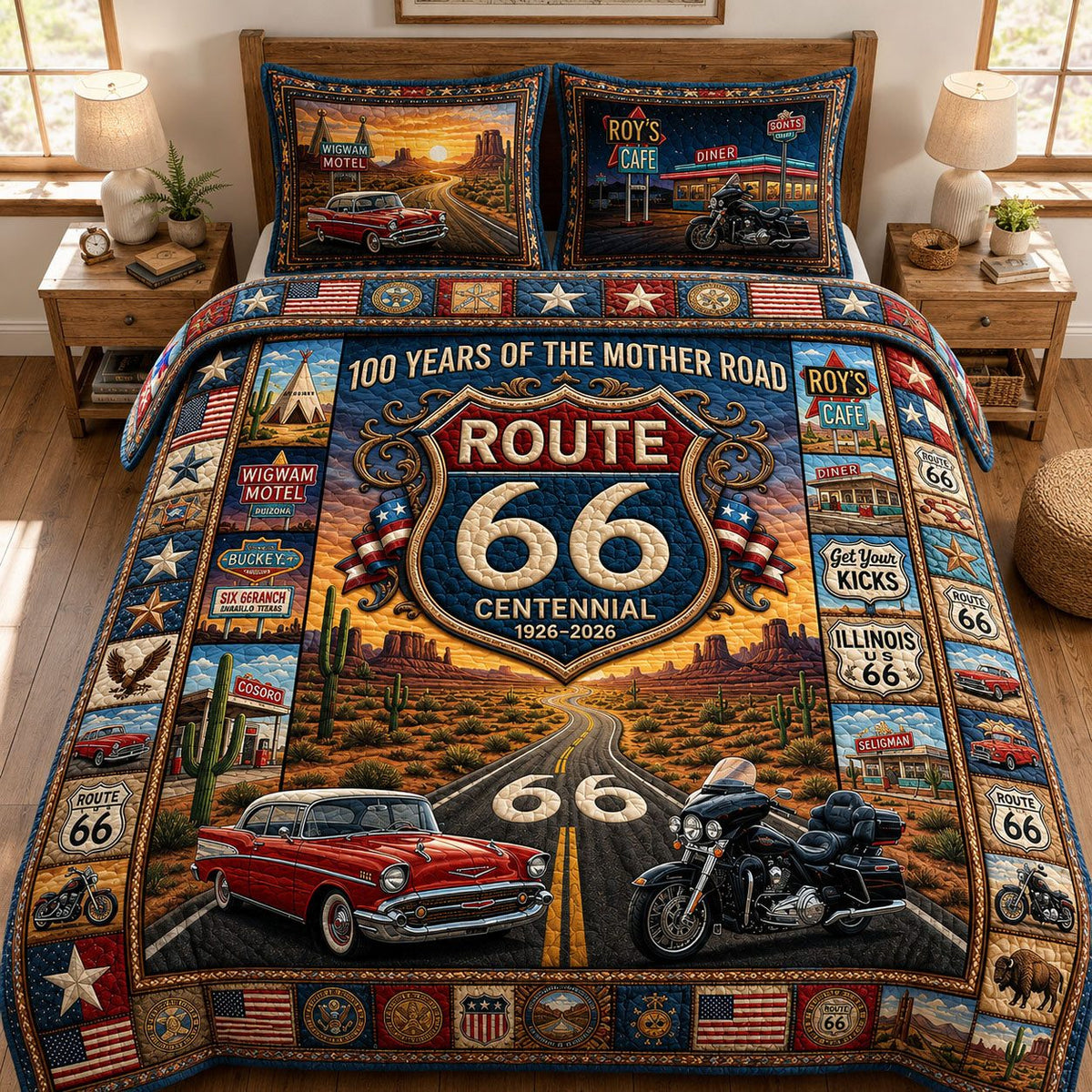 Route 66 Centennial Mother Road quilted 3-piece bedding set on a made bed with two matching pillow shams