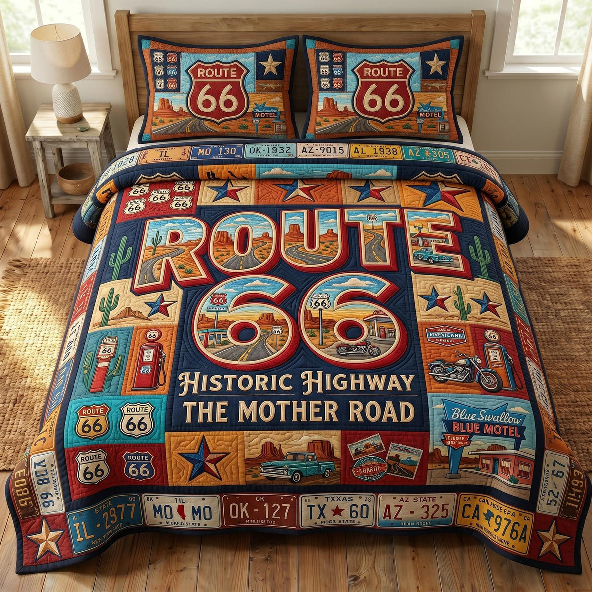 Route 66 Historic Highway Bold quilted 3-piece bedding set on a made bed with two matching pillow shams