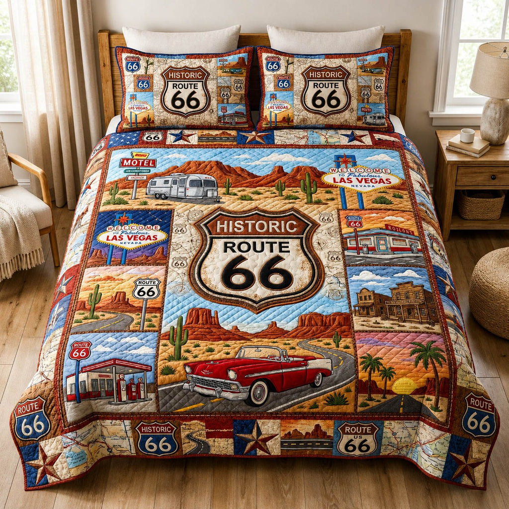 Route 66 Historic Squares quilted 3-piece bedding set on a made bed with two matching pillow shams