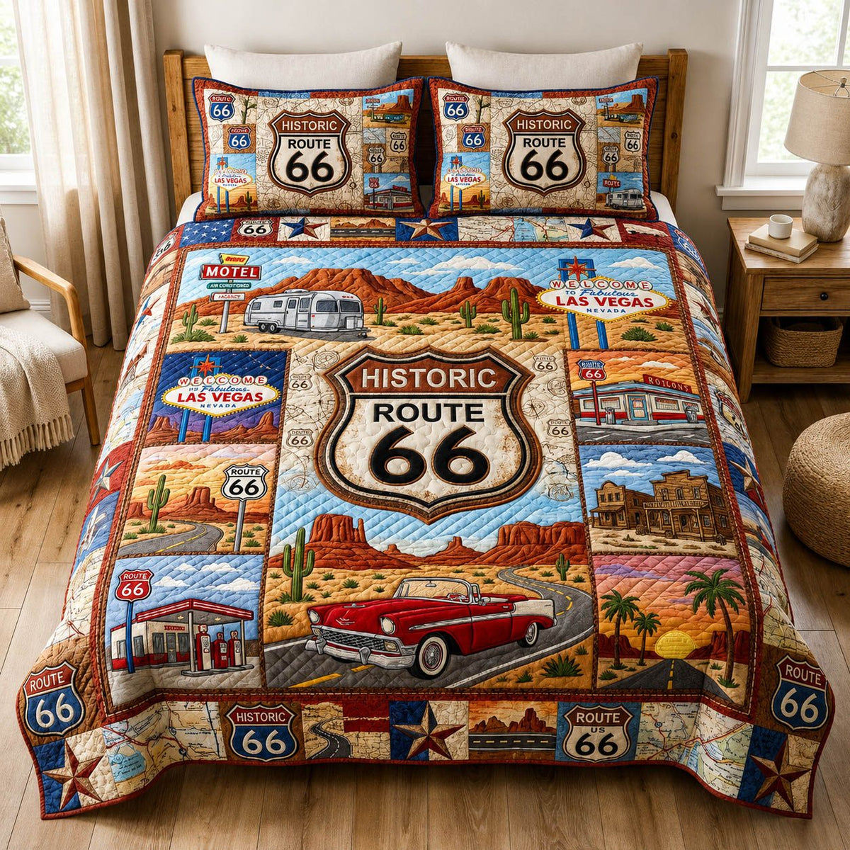 Route 66 Historic Squares quilted 3-piece bedding set on a made bed with two matching pillow shams
