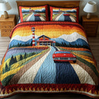 Route 66 Lighthouse Road quilted 3-piece bedding set on a made bed in a light coastal bedroom