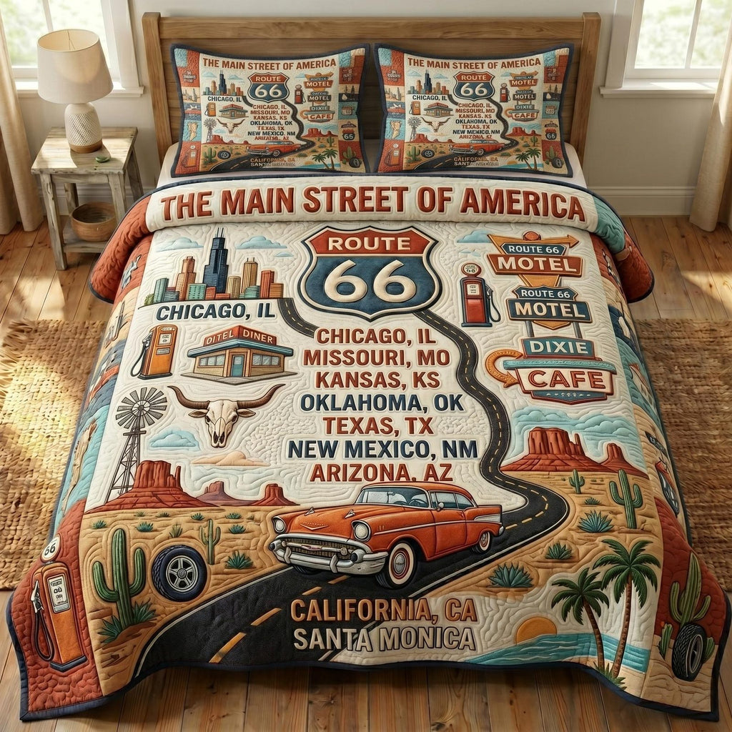 Route 66 Main Street Cities quilted 3-piece bedding set on a made bed with two matching pillow shams