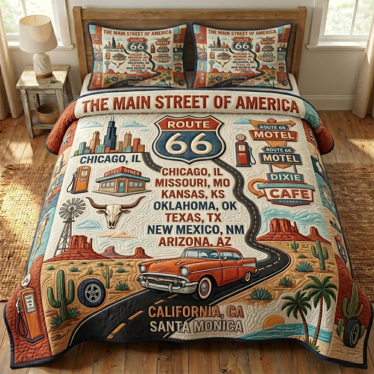 Route 66 Main Street Cities quilted 3-piece bedding set on a made bed with two matching pillow shams