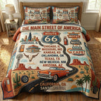 Route 66 Main Street Cities quilted 3-piece bedding set on a made bed with two matching pillow shams