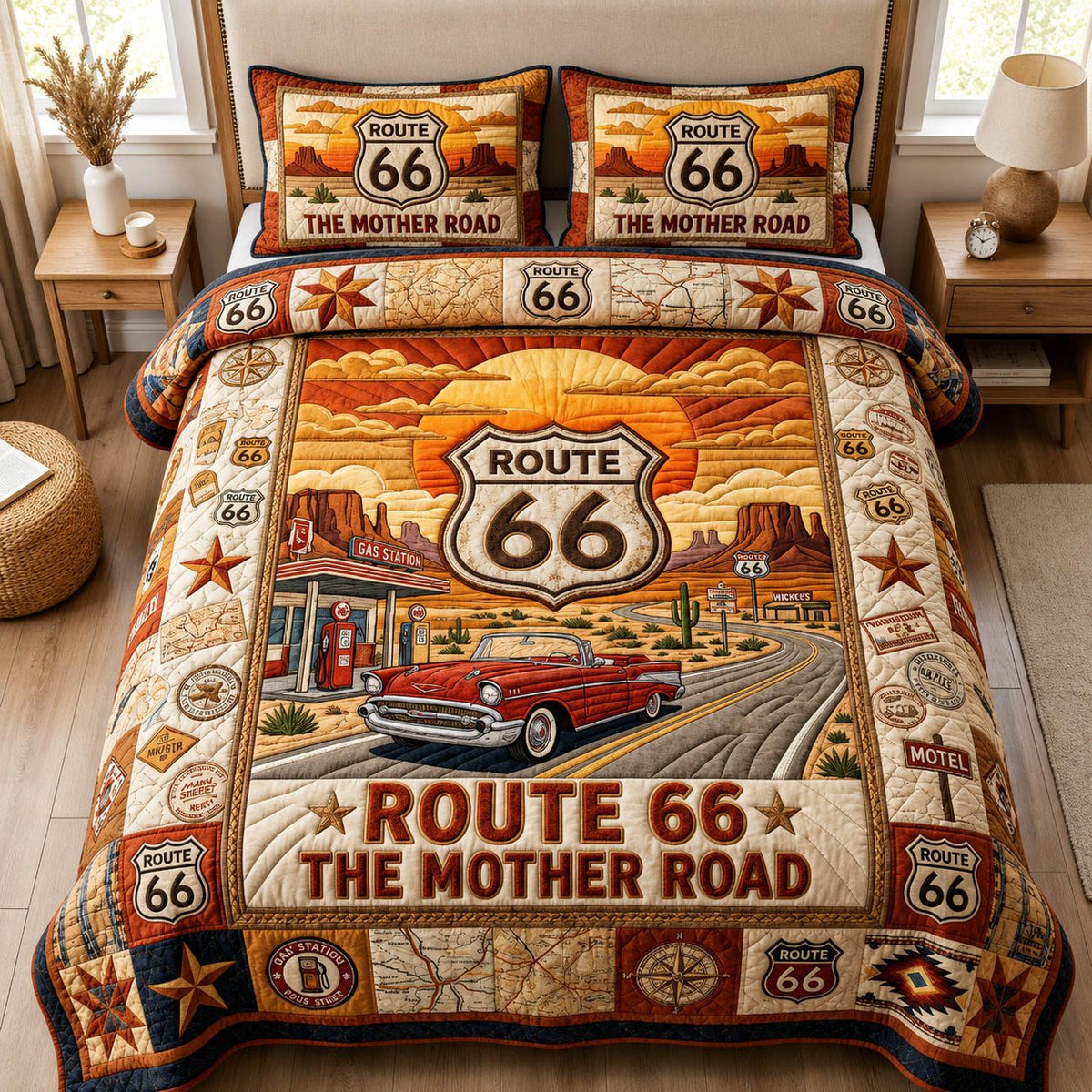 Route 66 Mother Road Sunset quilted 3-piece bedding set on a made bed with two matching pillow shams