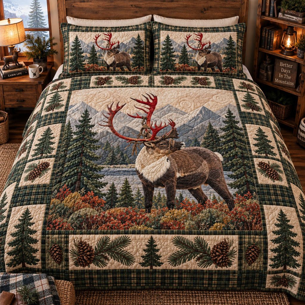 Royal Antler Retreat quilted 3-piece bedding set on a made bed with two matching pillow shams