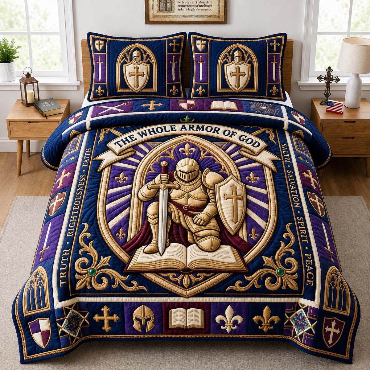 Royal Armor Knight quilted 3-piece bedding set on a made bed with two matching pillow shams