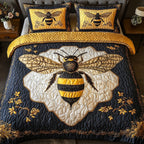 Royal Bee Gold Black quilted 3-piece bedding set on a made bed with two matching pillow shams