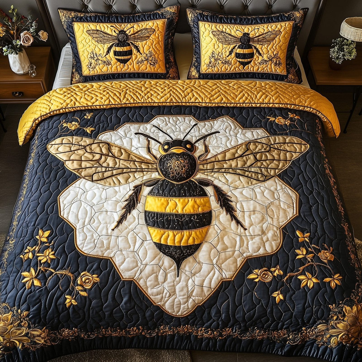 Royal Bee Gold Black quilted 3-piece bedding set on a made bed with two matching pillow shams