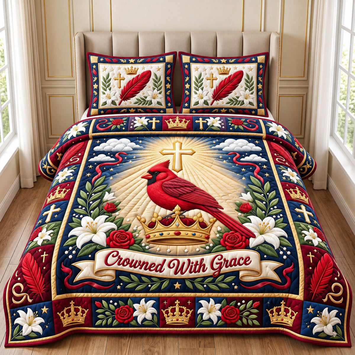 Royal Cardinal Crowned With Grace quilted 3-piece bedding set on a made bed with two matching pillow shams