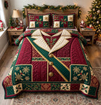 Royal Christmas Santa quilted 3-piece bedding set on a made bed in a winter-styled bedroom