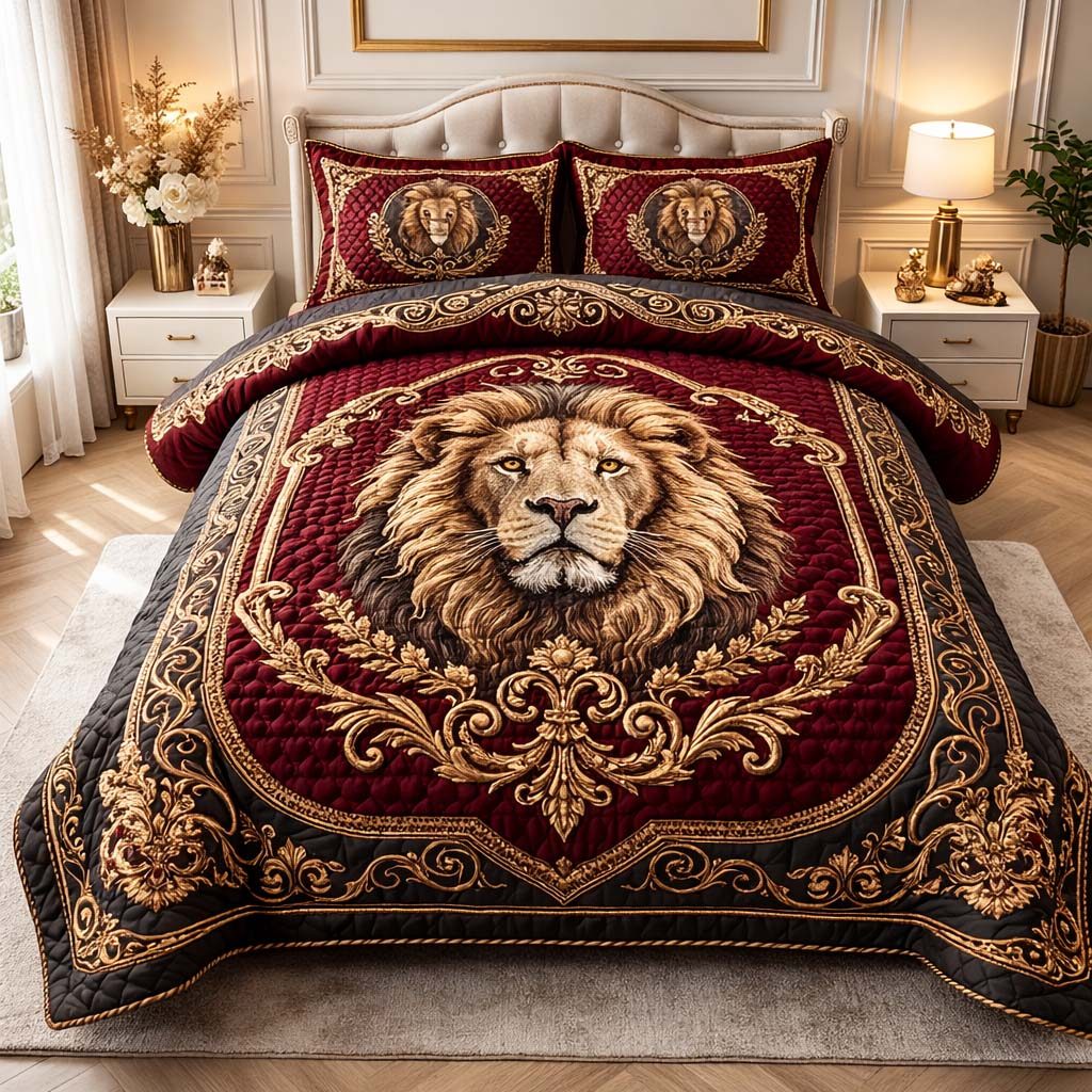 Royal Crimson quilted 3-piece bedding set on a made bed with two matching pillow shams