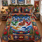 Royal Dragon Christmas quilted 3-piece bedding set on a made bed in a winter-styled bedroom
