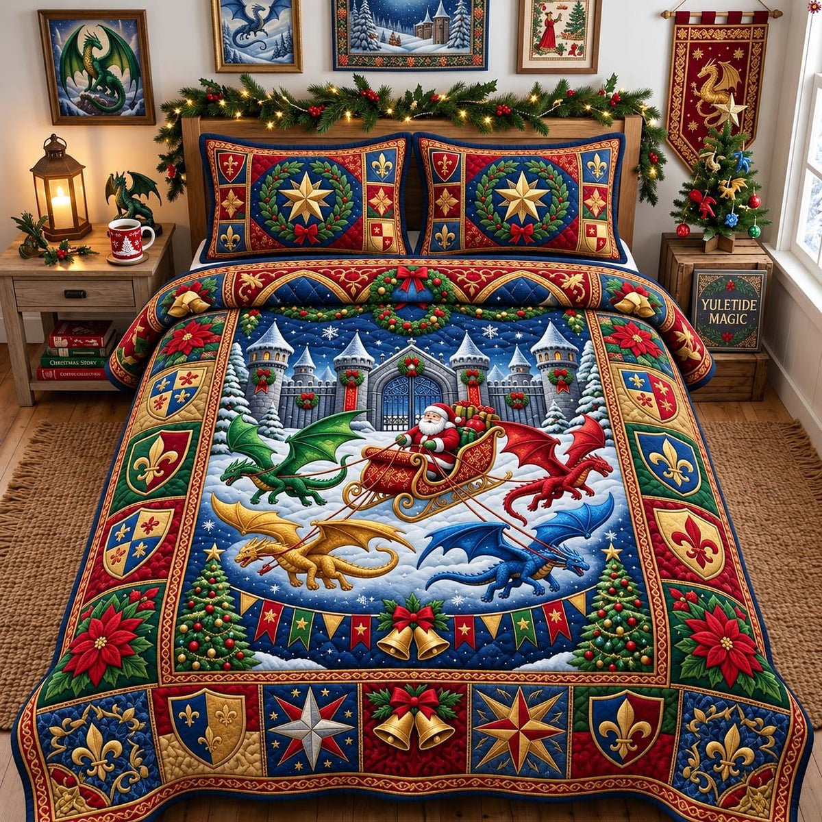 Royal Dragon Christmas quilted 3-piece bedding set on a made bed in a winter-styled bedroom