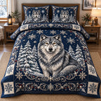 Royal Frost Wolf quilted 3-piece bedding set on a made bed in a winter-styled bedroom