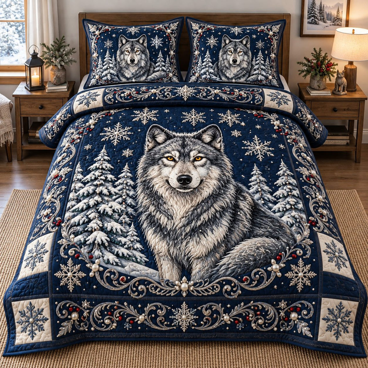 Royal Frost Wolf quilted 3-piece bedding set on a made bed in a winter-styled bedroom