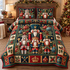 Royal Nutcracker Christmas quilted 3-piece bedding set on a made bed in a winter-styled bedroom
