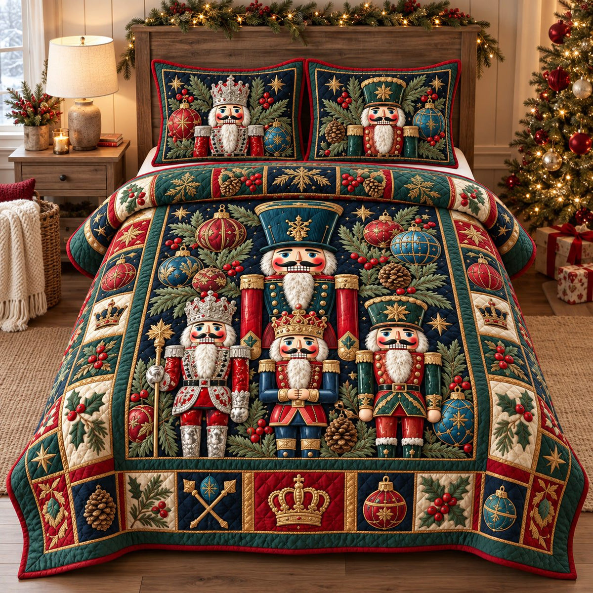 Royal Nutcracker Christmas quilted 3-piece bedding set on a made bed in a winter-styled bedroom