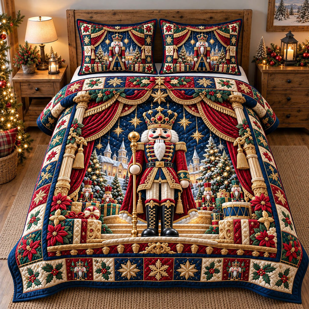 Royal Nutcracker Stage quilted 3-piece bedding set on a made bed in a winter-styled bedroom