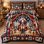 Royal Nutcracker Stage quilted 3-piece bedding set on a made bed in a winter-styled bedroom