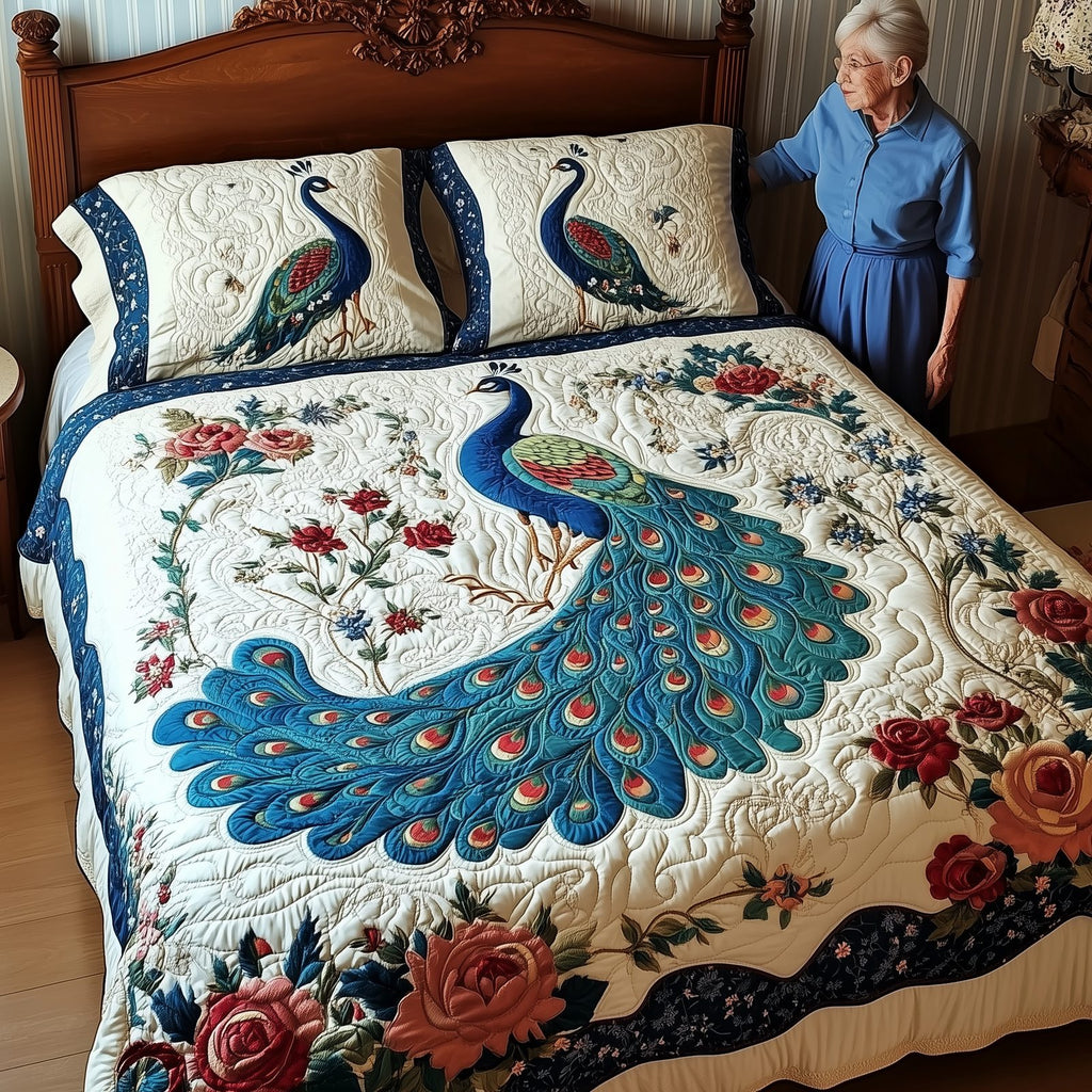 Royal Peacock Floral Cream quilted 3-piece bedding set on a made bed with two matching pillow shams