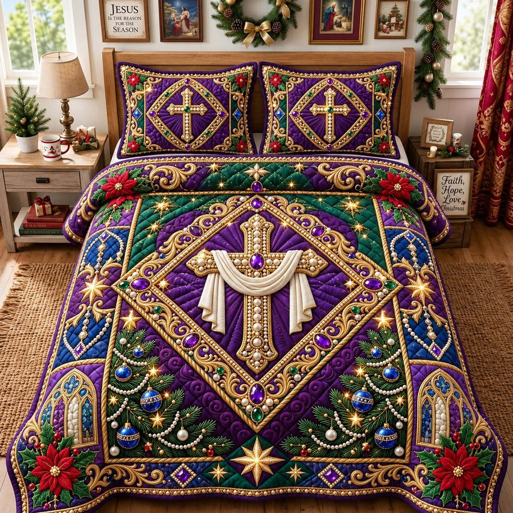 Royal Purple Faith Cross quilted 3-piece bedding set on a made bed in a softly lit bedroom
