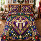 Royal Purple Faith Cross quilted 3-piece bedding set on a made bed in a softly lit bedroom