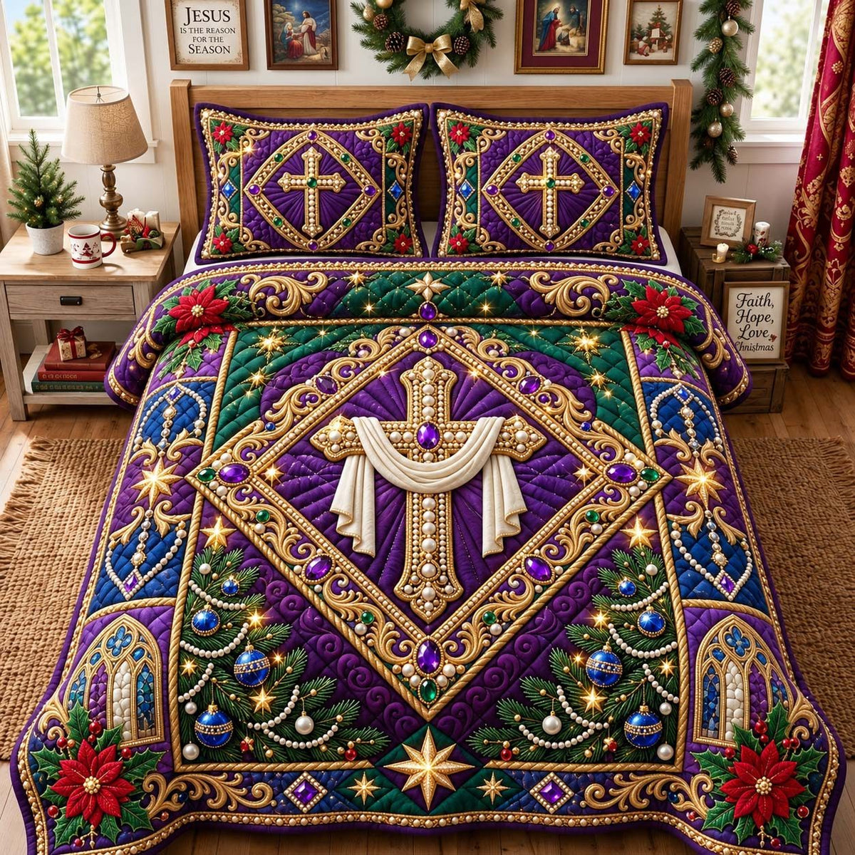 Royal Purple Faith Cross quilted 3-piece bedding set on a made bed in a softly lit bedroom