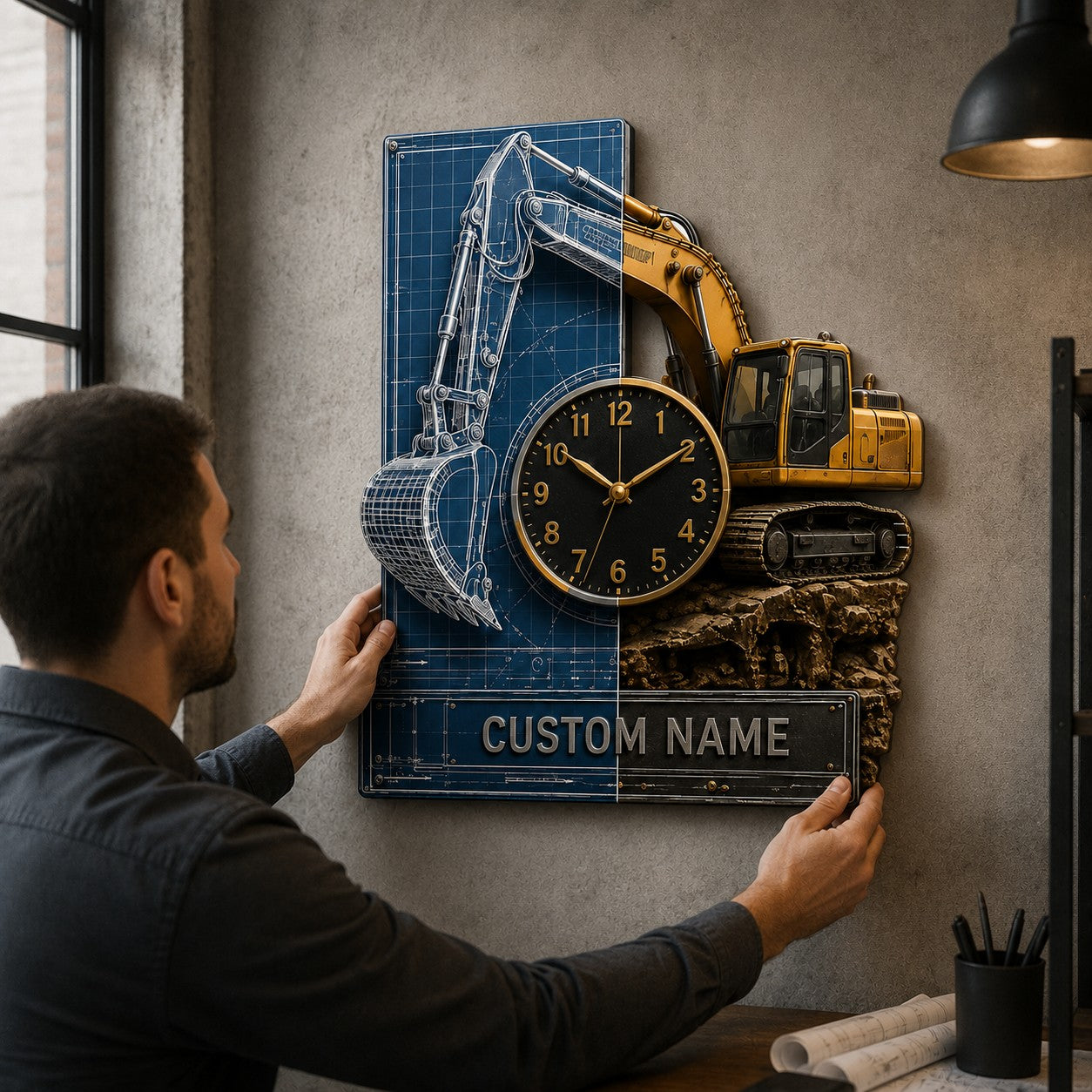 Blueprint excavator Custom Name Wall Clock — personalized with a custom name