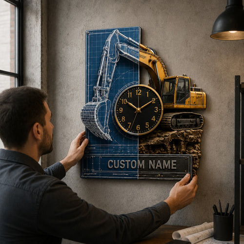 Blueprint excavator Custom Name Wall Clock — personalized with a custom name