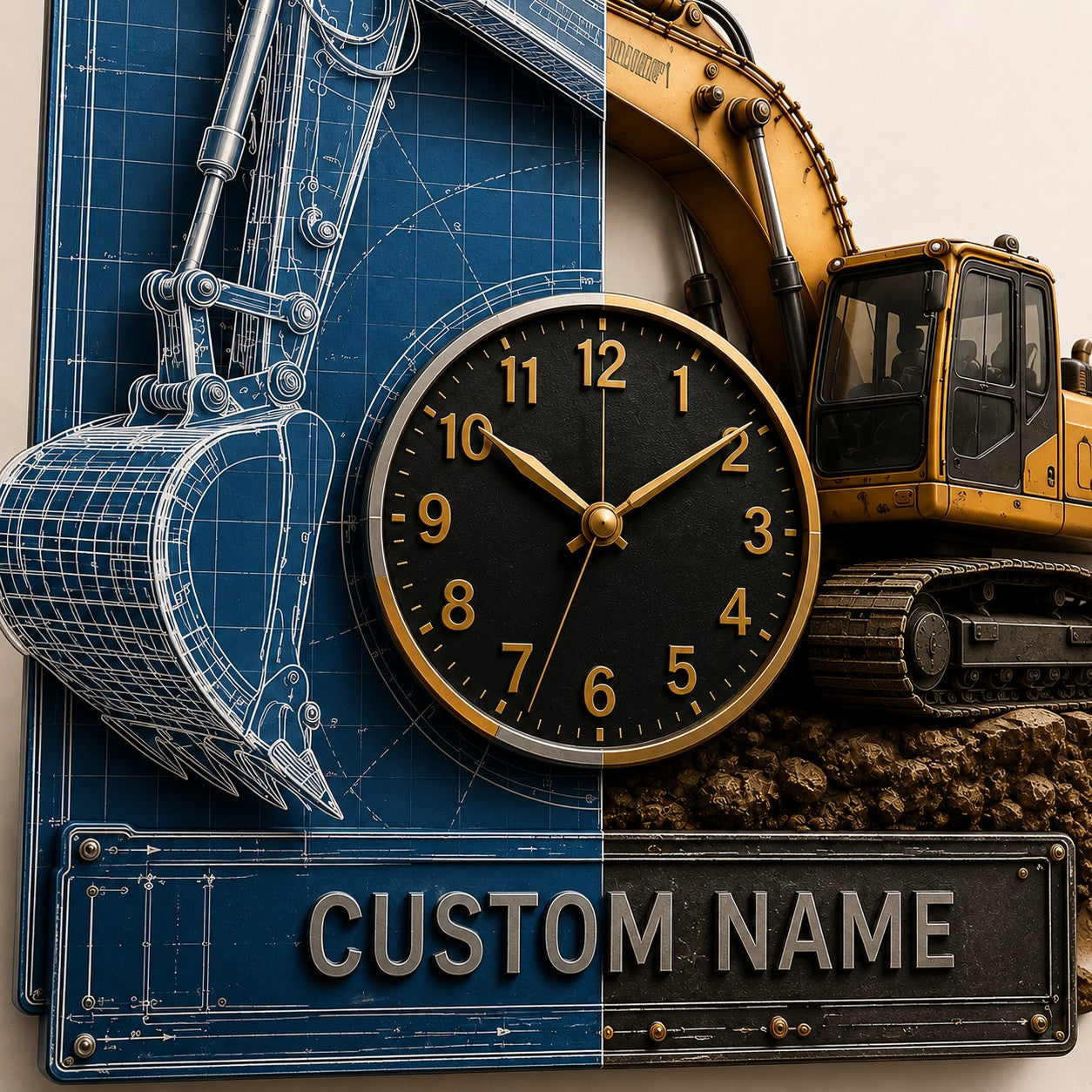 Blueprint excavator Custom Name Wall Clock — personalized with a custom name