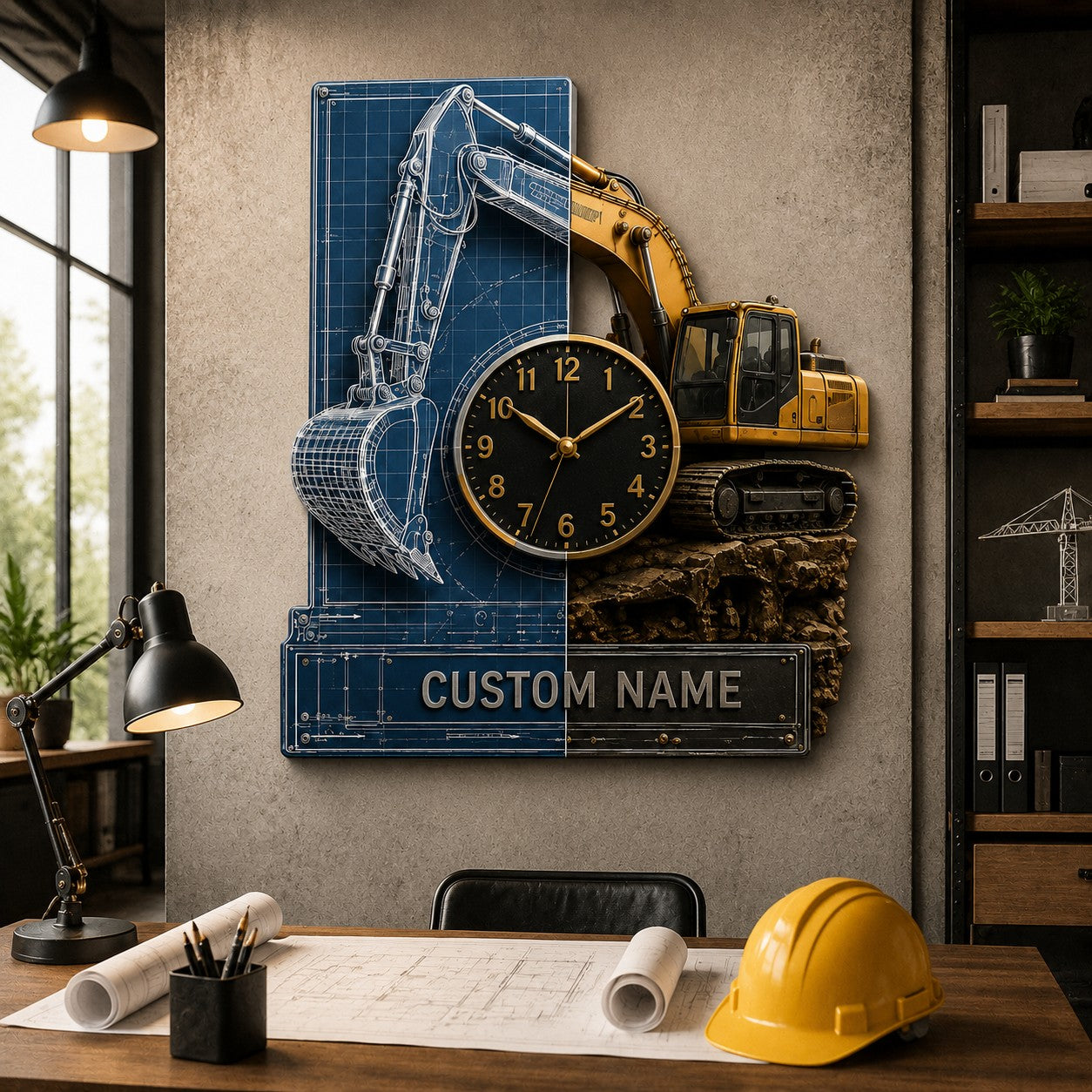 Blueprint excavator Custom Name Wall Clock — personalized with a custom name