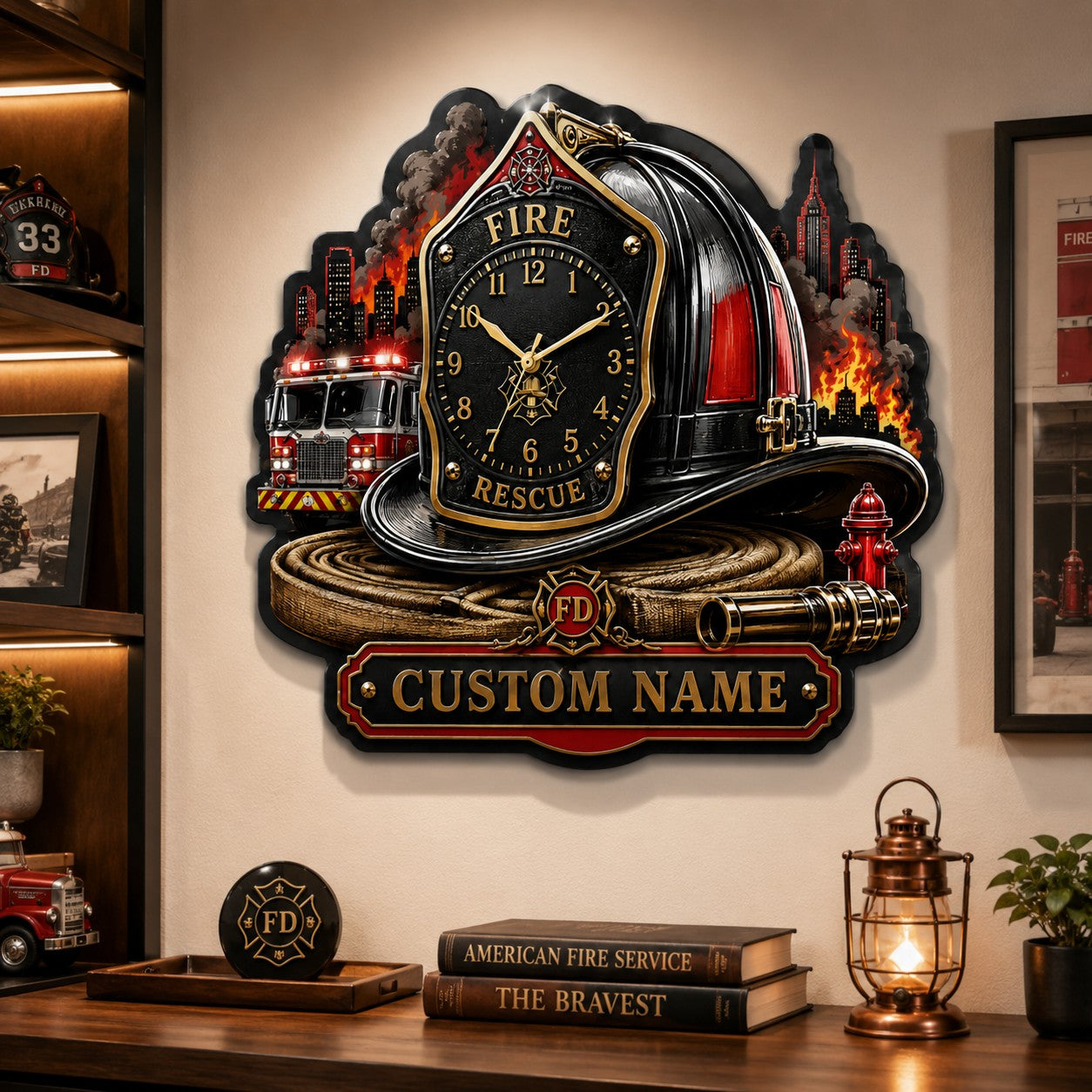 Firefighter helmet Custom Name Wall Clock — personalized with a custom name