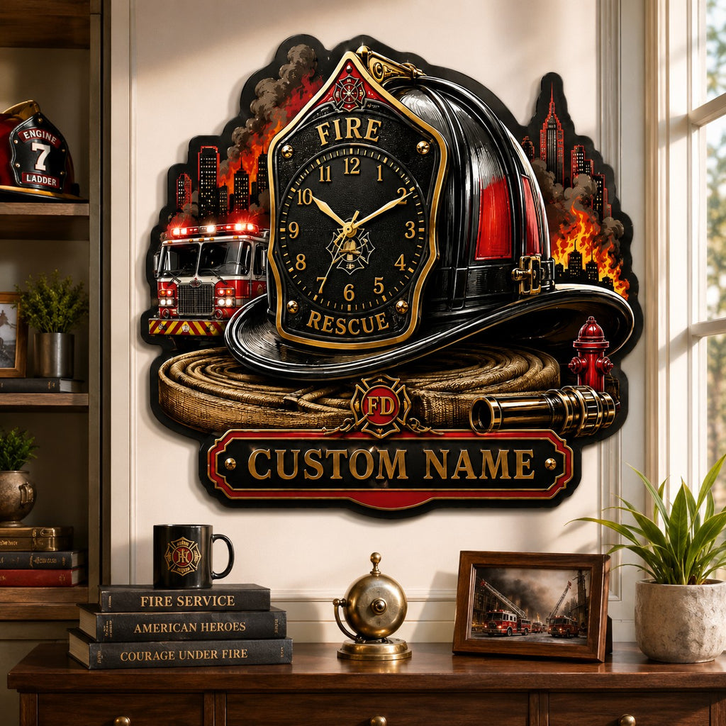 Firefighter helmet Custom Name Wall Clock — personalized with a custom name