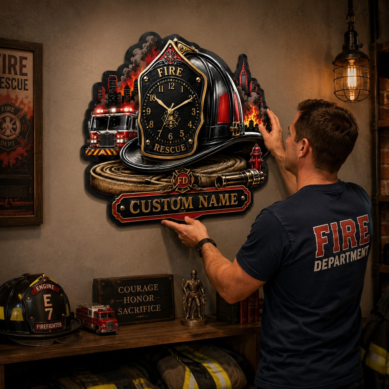 Firefighter helmet Custom Name Wall Clock — personalized with a custom name