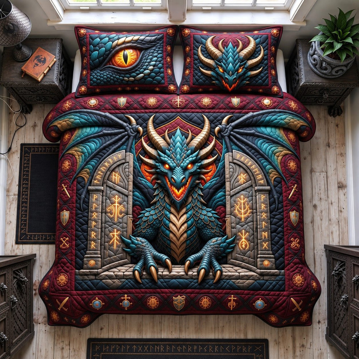 Rune Gate Dragon quilted 3-piece bedding set on a made bed with two matching pillow shams