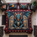 Rune Gate Dragon quilted 3-piece bedding set on a made bed with two matching pillow shams
