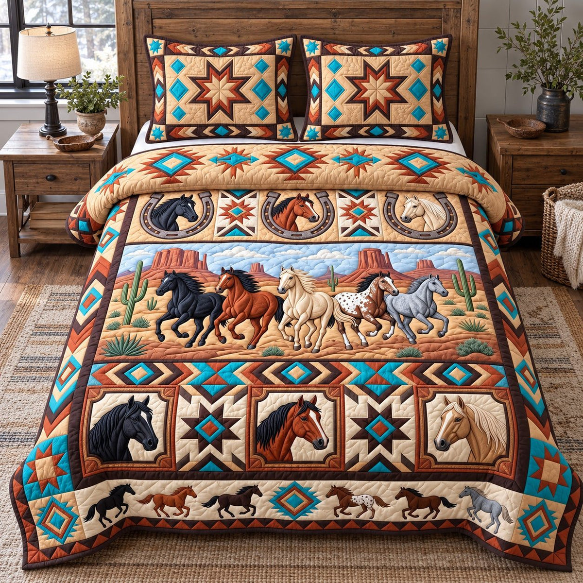 Running Herd Tribal Horses quilted 3-piece bedding set on a made bed in a rustic timber bedroom