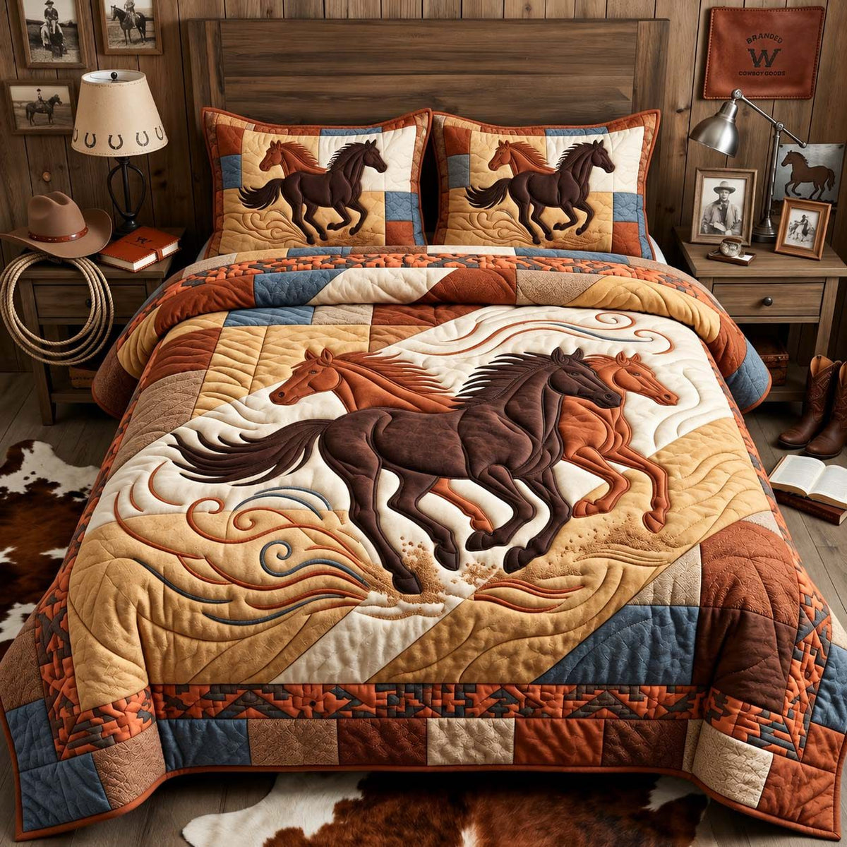 Running Horses Western quilted 3-piece bedding set on a made bed in a rustic timber bedroom
