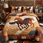 Running Horses Western quilted 3-piece bedding set on a made bed in a rustic timber bedroom