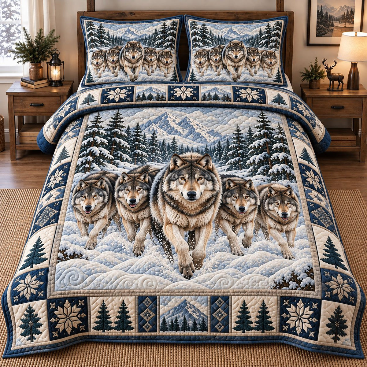 Running Wolf Pack quilted 3-piece bedding set on a made bed with two matching pillow shams